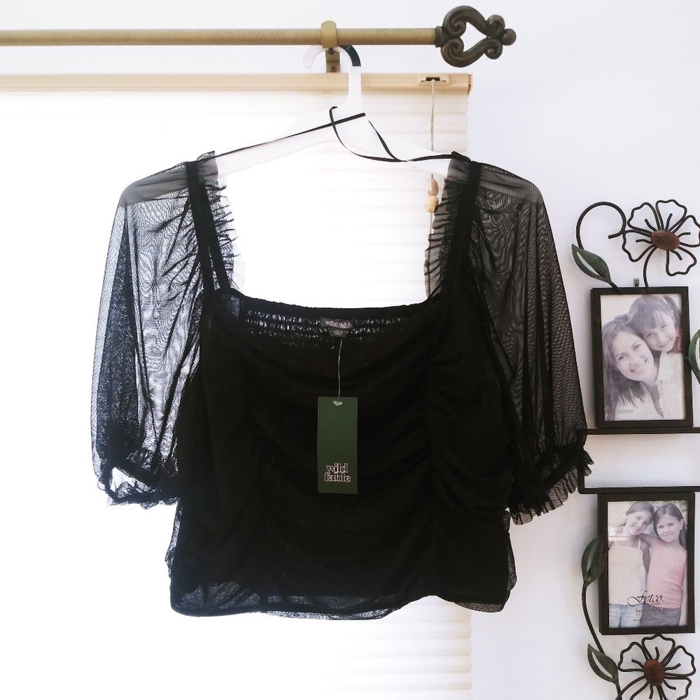 Wild fable black/sheer sleeve crop top